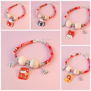 Vòng cổ vải hạt gỗ & mèo thần tài 25-32cm